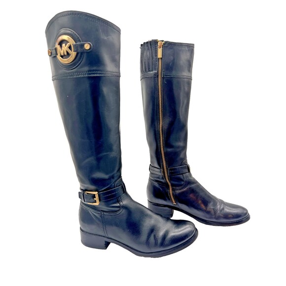 MICHAEL KORS STOCKARD LEATHER TALL RIDING BOOT BLACK SZ 5.5 WIDE CALF - Picture 1 of 16